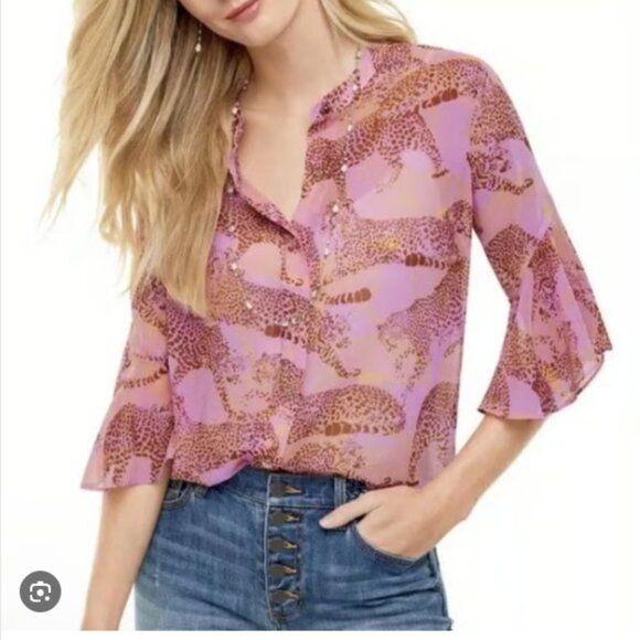 Cabi 5711 Pink/Brown Minx Leopard Graphic Semi Sheer Wide Sleeve Blouse Sz L - Picture 1 of 6